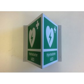 Vinkelskilt til placering ved AED/hjertestarter