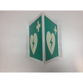 Efterlysende vinkelskilt til placering ved AED/hjertestarter