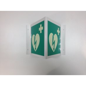 Efterlysende vinkelskilt til AED/hjertestarter