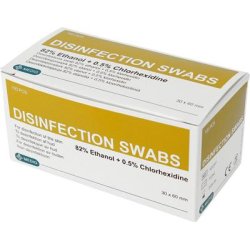 Alkoholswab, 82% ethanol, 0,5% klorhexidin, gul, 30x60mm, pakke med 100 stk.