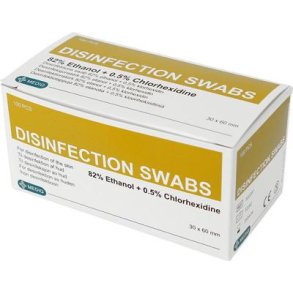 Alkoholswab, 82% ethanol, 0,5% klorhexidin, gul, 30x60mm, pakke med 100 stk.