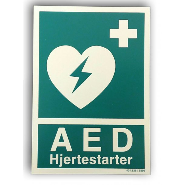 Efterlysende aluminiumsskilt til placering ved AED hjertestarter str. A5