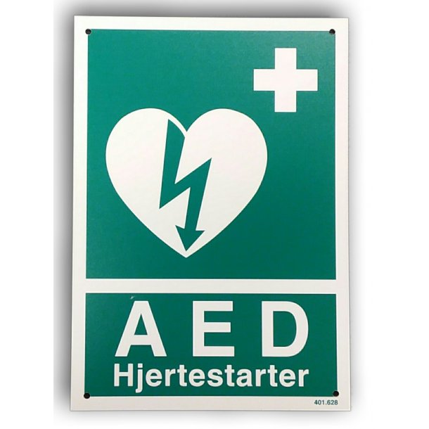 Enkeltsidet skilt til placering ved AED/hjertestarter