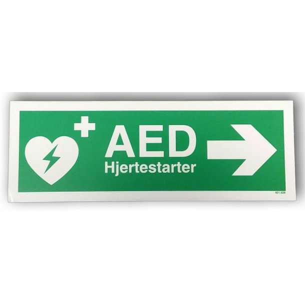 Enkeltsidet skilt til hjre angivelse af retning til AED/hjertestarter