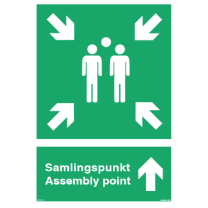Samlingspunktskilt - henvisningsskilt A3 - med pil - dansk og engelsk tekst hullet til beslag